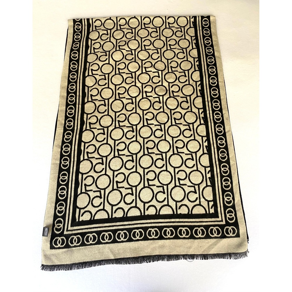 Bloomingdales 100% Exclusive Logo Scarf Black Tan Oversized Wrap Fringe